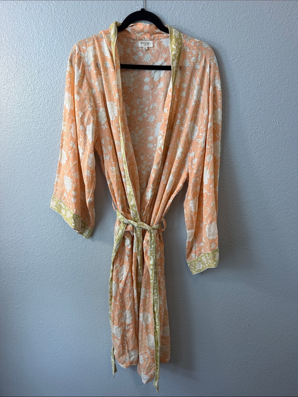 World Market Lightweight Peach Floral Robe with Green Trim